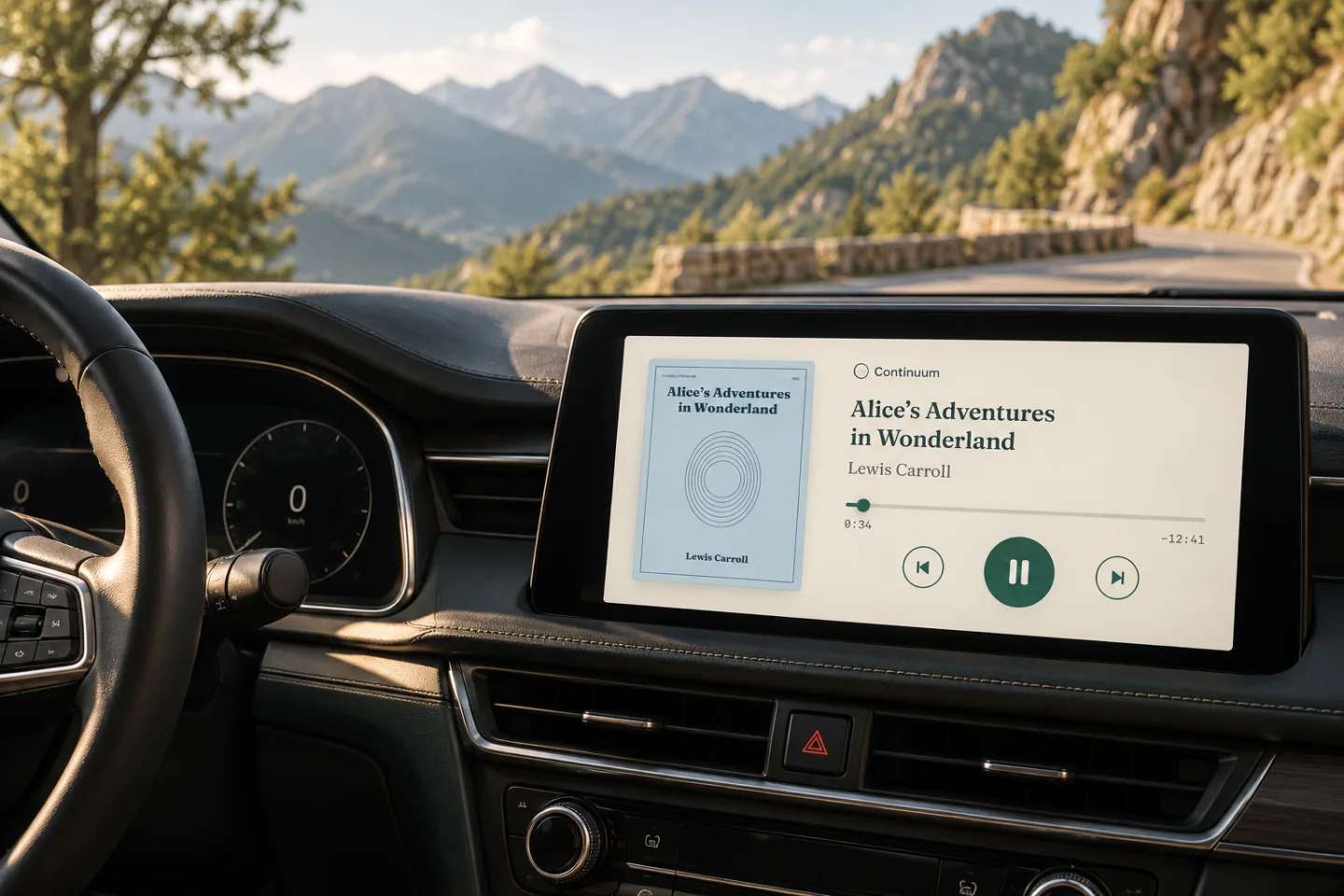예시 합성 이미지: 자동차 대시보드의 CarPlay 화면에서 오디오북이 재생됩니다.