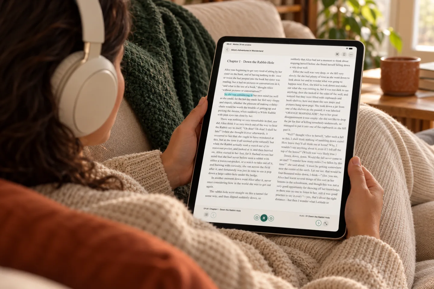 Editorial scene: a person wearing headphones reads on an iPad while sitting on a sofa.