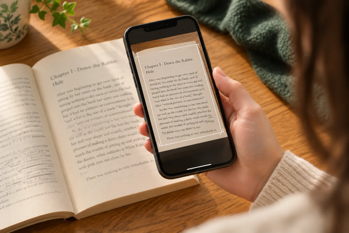 Illustrative scene: an iPhone frames a physical book page to find its position in the EPUB.