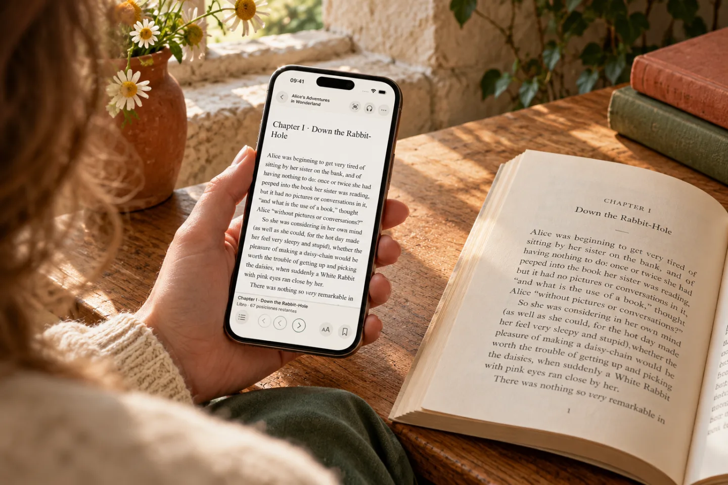 Editorial scene: someone reads Continuum on an iPhone, with an open physical book beside them.