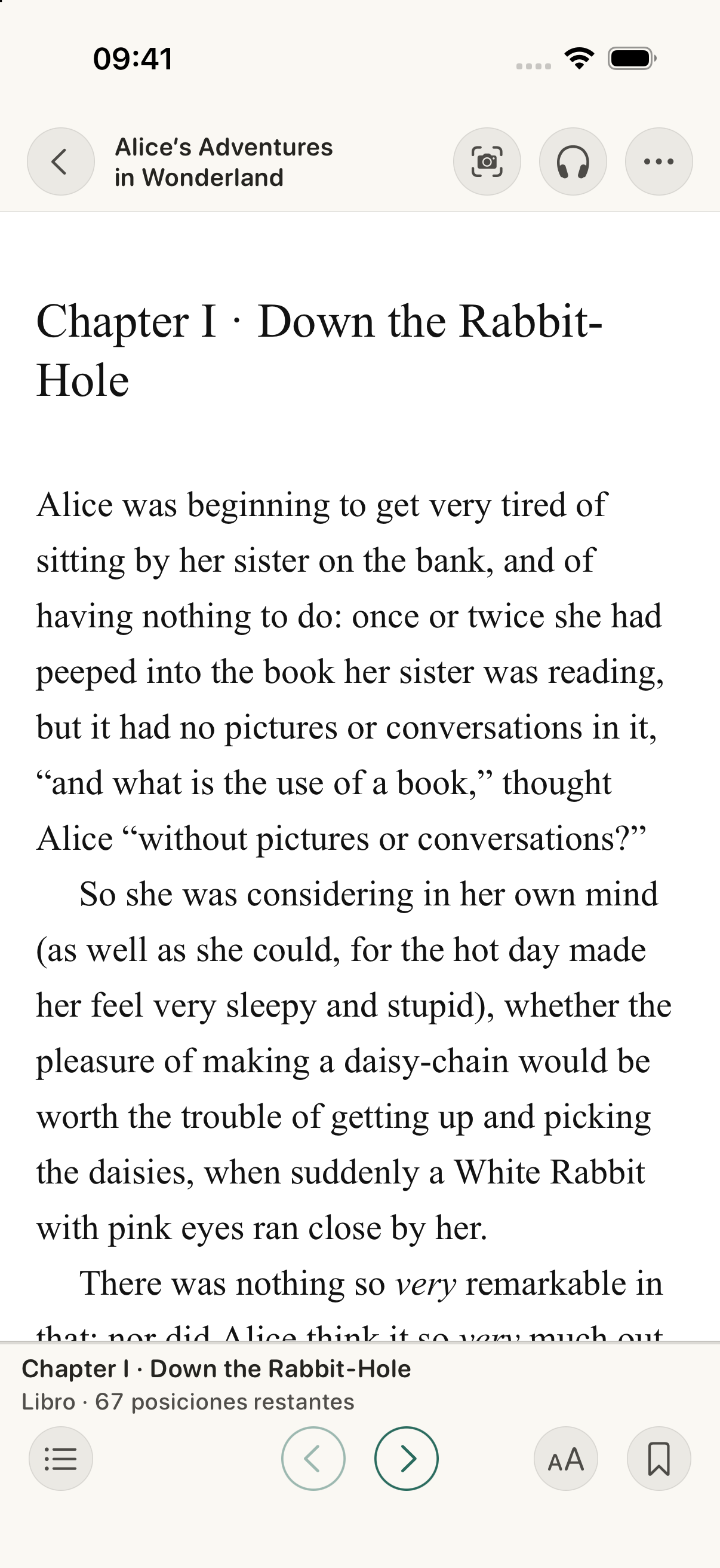 Continuum's actual EPUB reader with a page from Alice’s Adventures in Wonderland.